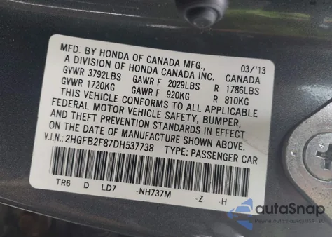 2013 Honda Civic Ex from USA, damaged, VIN 2HGFB2F87DH537738